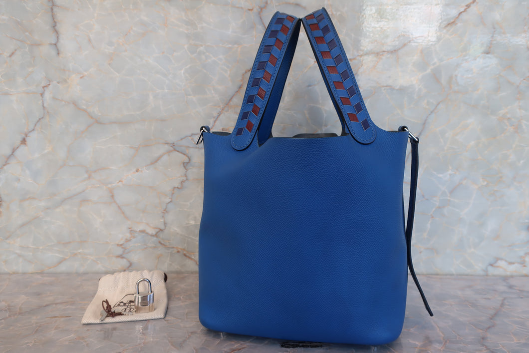 HERMES PICOTIN LOCK PM Tressage Epsom leather Blue zellige/Blue encre/Rouge H C Engraving Hand bag 700090139