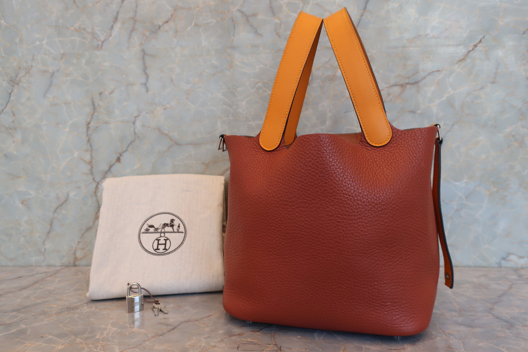 HERMES PICOTIN LOCK TOUCH MM Clemence leather/Swift leather Cuivre/Jaune d'or X Engraving Hand bag 700090134