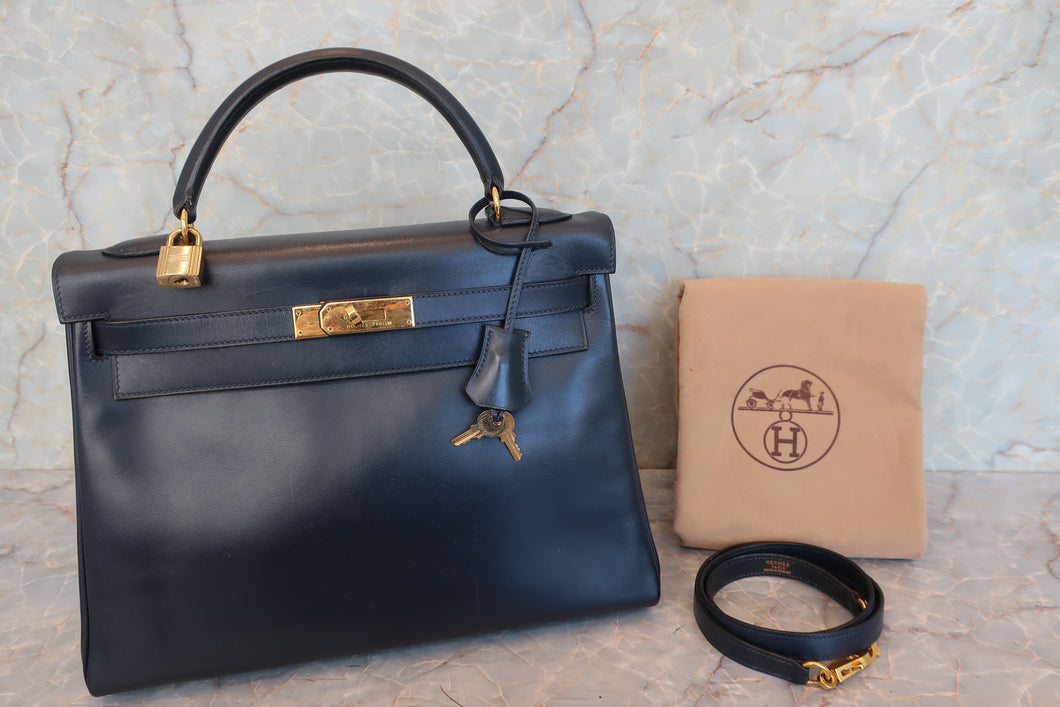 HERMES KELLY 32 Box carf leather Navy ○W刻印 Shoulder bag 700100146