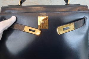 HERMES／エルメス ケリー28 ボックスカーフ ネイビー 〇J刻印 ショルダーバッグ 700090117