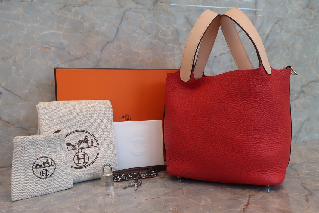 HERMES PICOTIN LOCK TOUCH PM Clemence leather/Swift leather Rouge tomate/Rose Eglantine X刻印 Hand bag 600100195