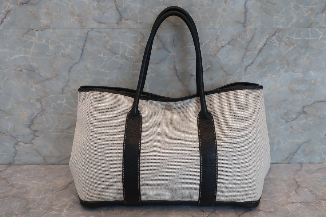 HERMES GARDEN PARTY PM Toile H/Leather Gray/Black □H Engraving Tote bag 600090214