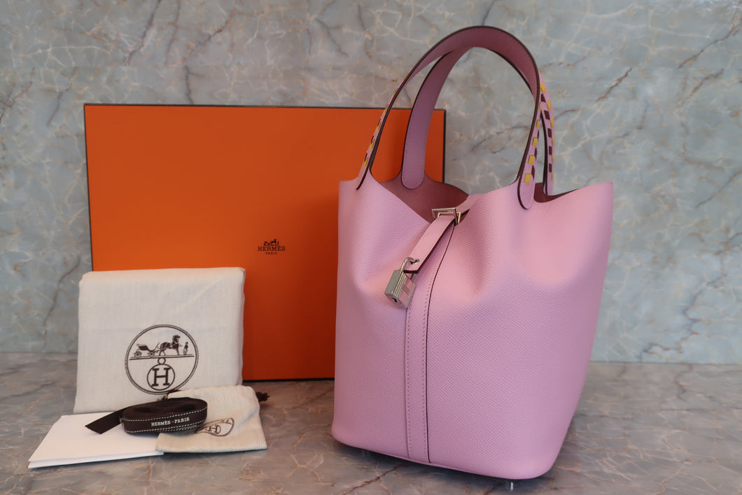HERMES PICOTIN LOCK MM Tressage Epsom leather Mauve sylvestre/Rouge H/Jaune de naples D Engraving Hand bag 700100211