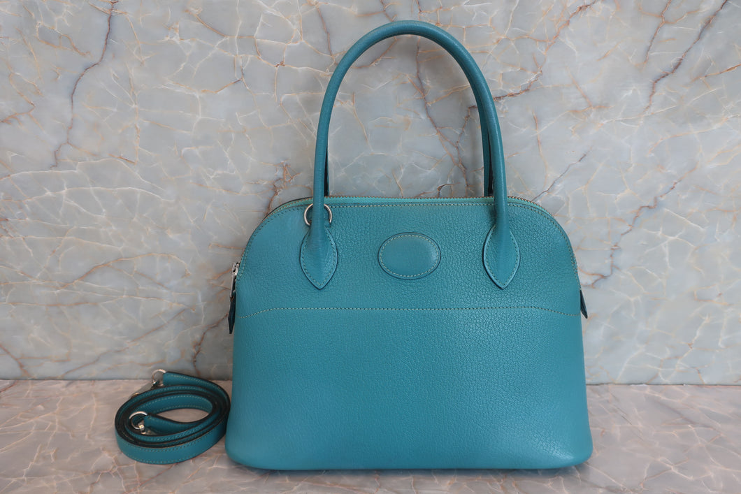 HERMES／BOLIDE 27 Chevre myzore goatskim Turquoise blue □I Engraving Shoulder bag 600080139