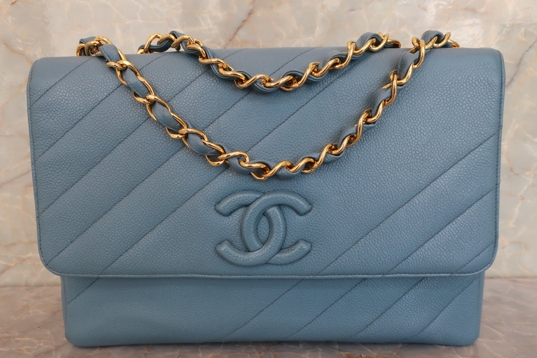 CHANEL/シャネル バイアスステッチチェーンショルダーバッグ キャビアスキン ライトブルー/ゴールド金具 ショルダーバッグ 700090178