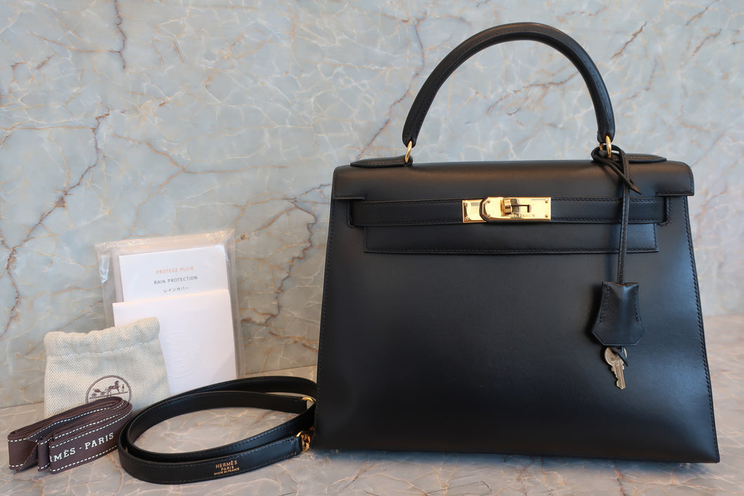 HERMES／エルメス ケリー28 ボックスカーフ ブラック 〇Z刻印 ショルダーバッグ 700030286