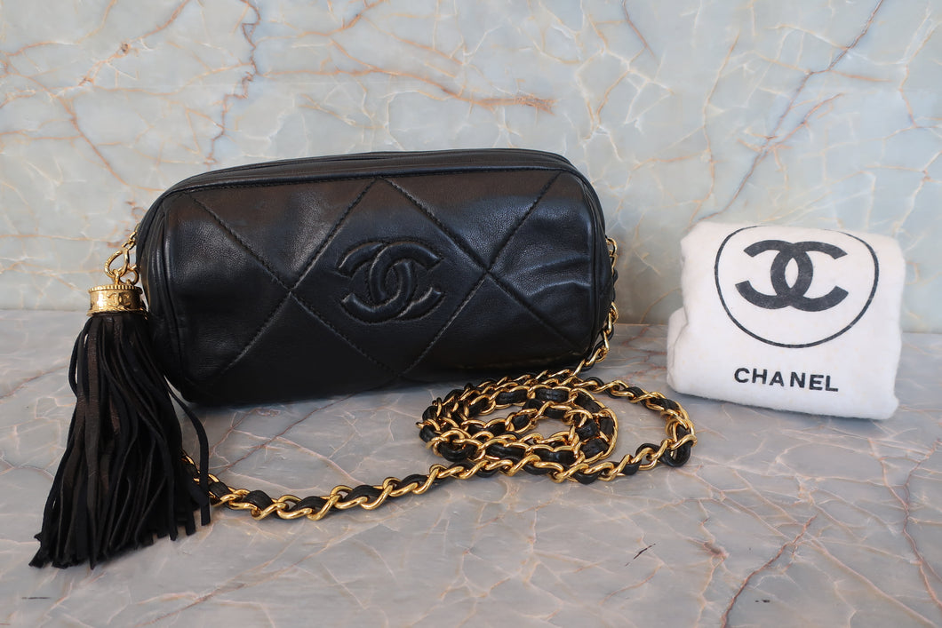 CHANEL/シャネル ココマークフリンジチェーンショルダーバッグ ラムスキン ブラック/ゴールド金具 ショルダーバッグ 700100218