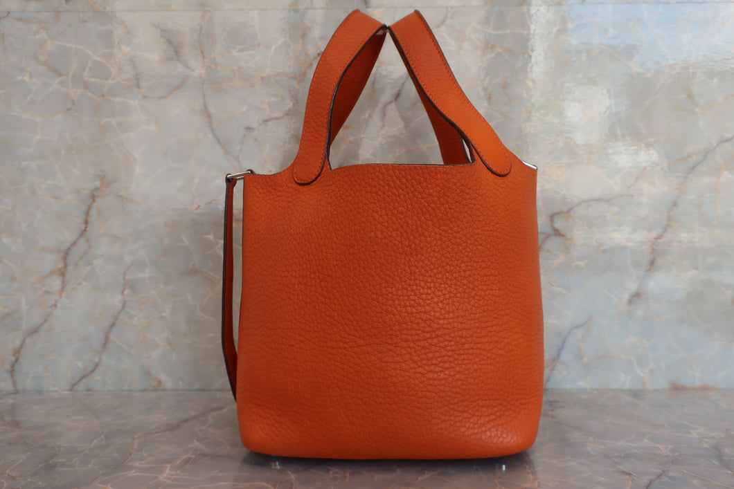 HERMES PICOTIN PM Clemence leather Orange □H Engraving Hand bag 600050213