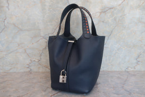 HERMES PICOTIN LOCK PM Tressage Epsom leather Blue Indigo/Black/Terre battue C Engraving  Hand bag 700060019