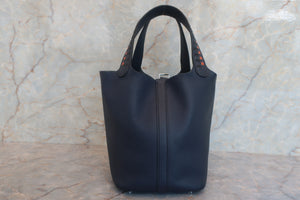 HERMES PICOTIN LOCK PM Tressage Epsom leather Blue Indigo/Black/Terre battue C Engraving  Hand bag 700060019
