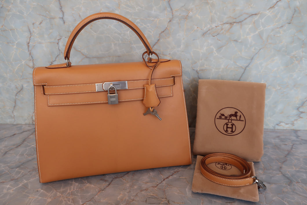 HERMES／エルメス ケリー32 ボックスカーフ ナチュラル/マットシルバー金具 □C刻印 ショルダーバッグ 700090149