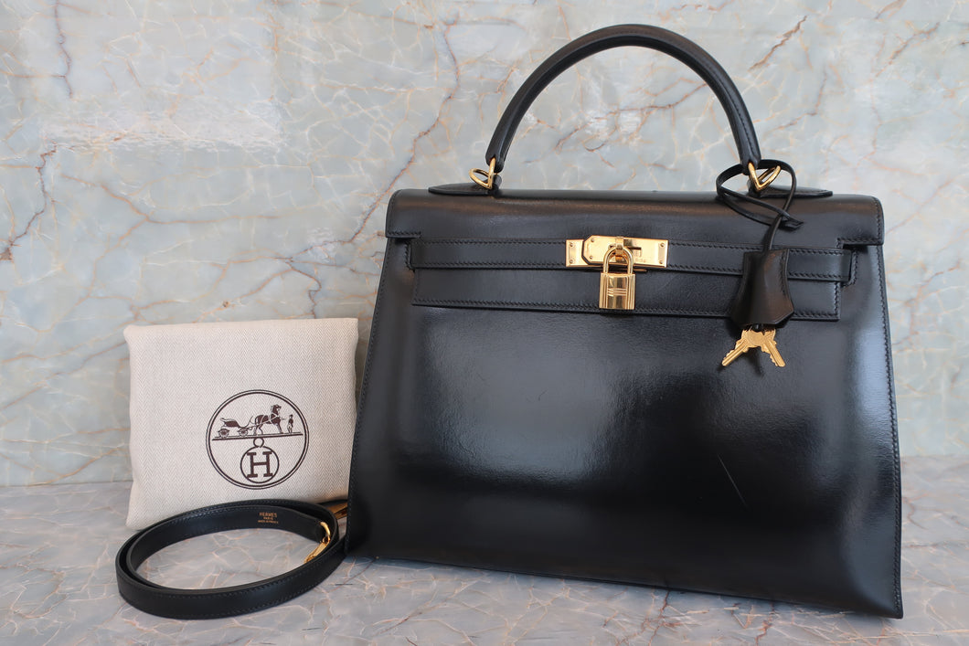 HERMES KELLY 32 Box carf leather Black □J Engraving Shoulder bag 700070117
