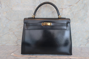 HERMES KELLY 32 Box carf leather Black □J Engraving Shoulder bag 700070117