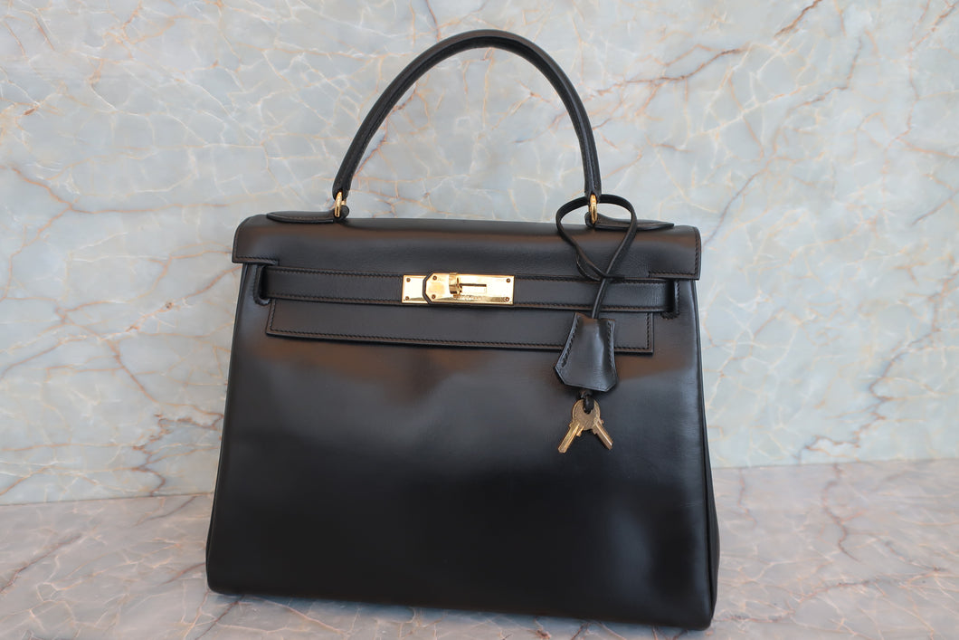 HERMES／エルメス ケリー28 ボックスカーフ ブラック 〇F刻印 ハンドバッグ 700080112