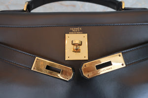 HERMES／エルメス ケリー28 ボックスカーフ ブラック 〇F刻印 ハンドバッグ 700080112