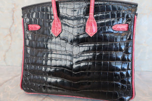HERMES BIRKIN 25 Crocodile Niloticus Black/Fuschia pink □J刻印 Hand bag 600050027
