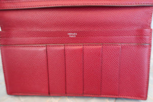 HERMES Bearn Soufflet Epsom leather Rouge garance □R Engraving Wallet 600040113