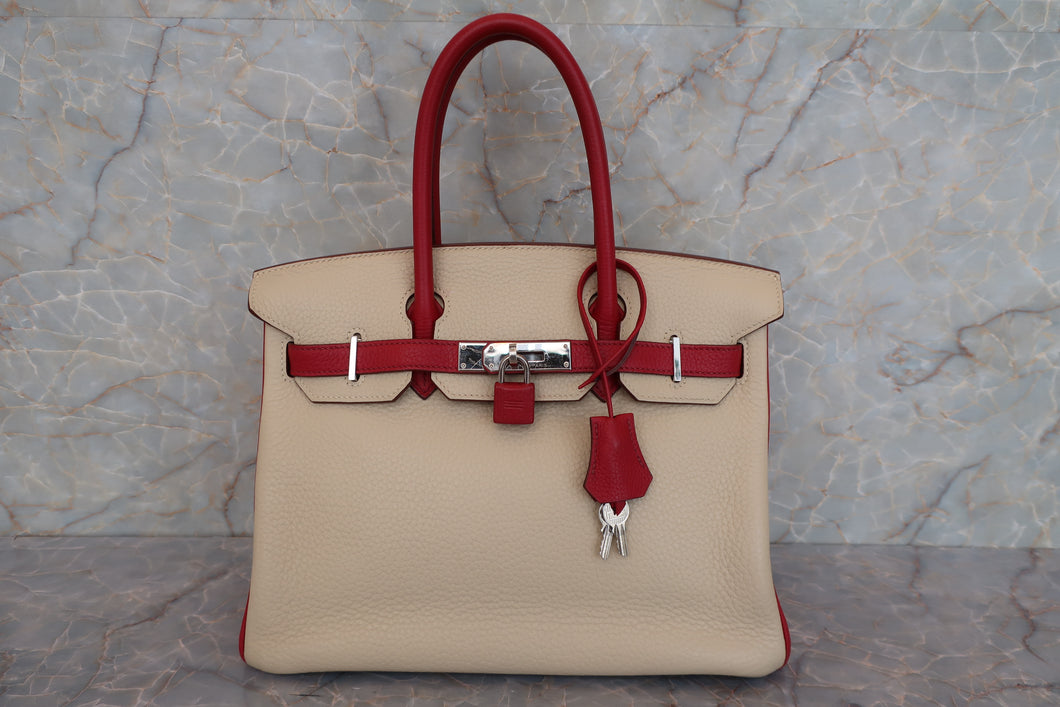 HERMES BIRKIN 30 Personal order Clemence leather Parchemin/Rouge garance □N Engraving Hand bag 700010006