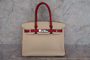 HERMES BIRKIN 30 Personal order Clemence leather Parchemin/Rouge garance □N Engraving Hand bag 700010006