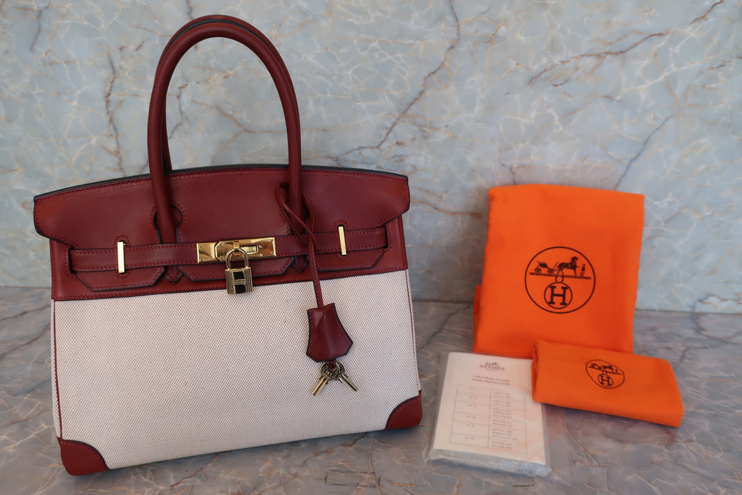 HERMES／エルメス バーキン30 トワルアッシュ/レザー ベージュ/ルージュアッシュ □F刻印 ハンドバッグ 700090211