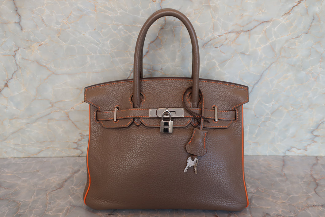 HERMES BIRKIN 30 Personal order Clemence leather Etoupe gray/Orange □O Engraving Hand bag 700050248