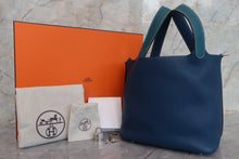 将图片加载到图库查看器，HERMES PICOTIN LOCK CASAQUE MM Clemence leather Deep blue/Vert bosphore Y刻印 Hand bag 600090226
