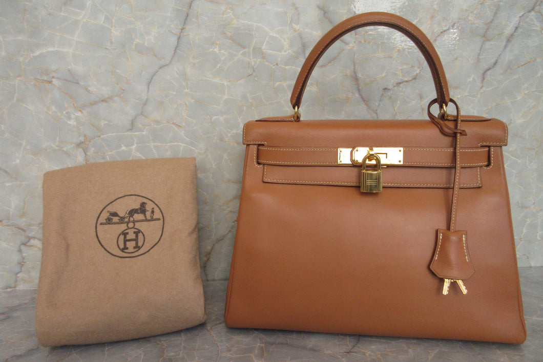 HERMES KELLY 28 Box carf leather Natural 〇X Engraving Hand bag 600120265