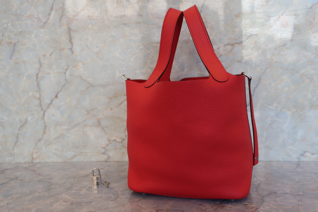 HERMES PICOTIN LOCK MM Clemence leather Rouge tomate X Engraving Hand bag 700100020