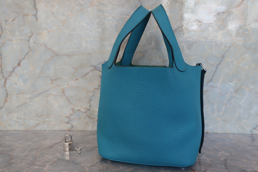 HERMES PICOTIN LOCK PM Clemence leather Turquoise blue □R Engraving Hand bag 700100013