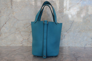 HERMES PICOTIN LOCK PM Clemence leather Turquoise blue □R Engraving Hand bag 700100013