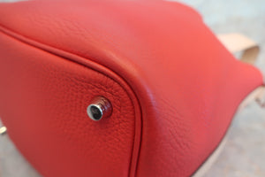 HERMES PICOTIN LOCK TOUCH PM Clemence leather/Swift leather Rouge tomate/Rose Eglantine X Engraving Hand bag 600110048