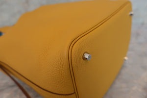 HERMES PICOTIN LOCK Eclat MM Clemence leather/Swift leather Jaune ambre/Celeste C Engraving Hand bag 600040146