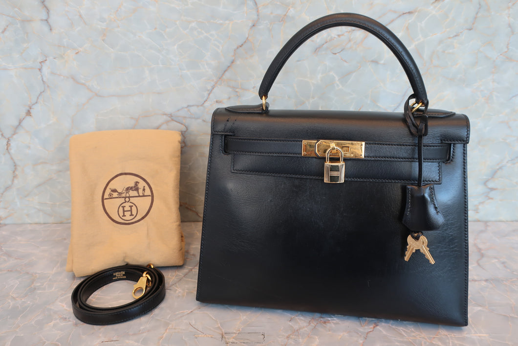 HERMES KELLY 28 Box carf leather Black 〇U Engraving Shoulder bag 700070192