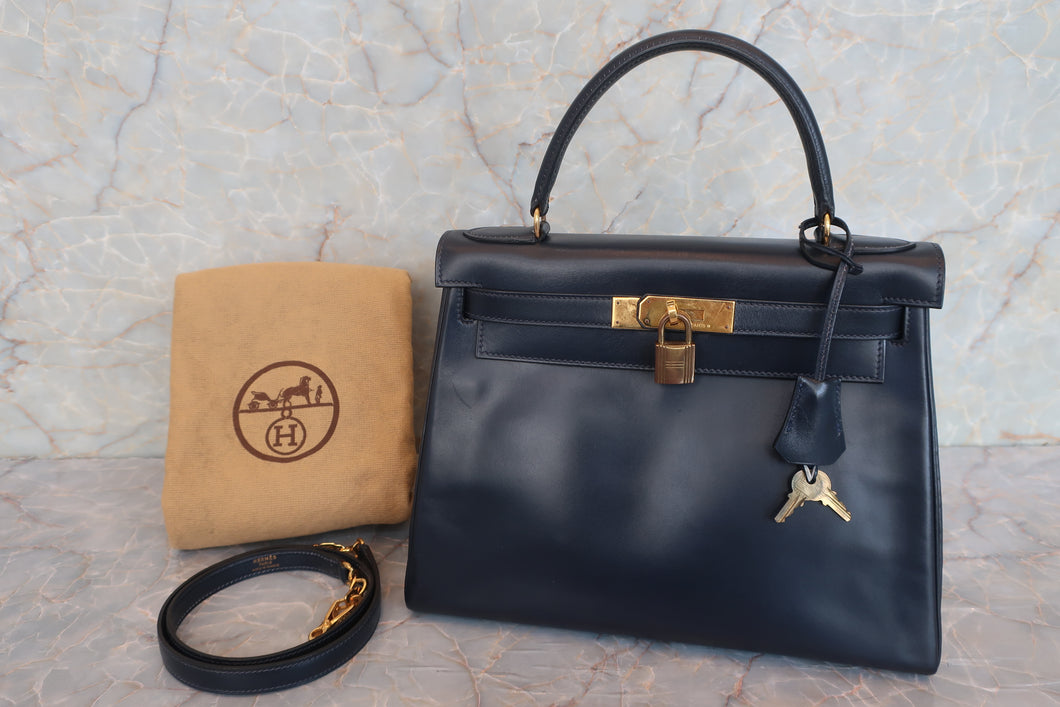 HERMES KELLY 28 Box carf leather Navy 〇Q刻印 Shoulder bag 600070176