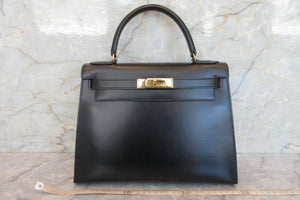 HERMES KELLY 28 Box carf leather  Black Hand bag 700070206