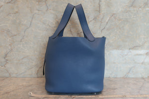 HERMES PICOTIN LOCK MM Clemence leather Blue Agate X刻印 Hand bag 600100026