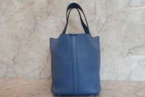 HERMES PICOTIN LOCK MM Clemence leather Blue Agate X刻印 Hand bag 600100026