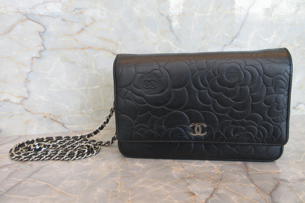 CHANEL/シャネル カメリアチェーンウォレット ラムスキン ブラック/シルバー金具 ショルダーバッグ 700070255