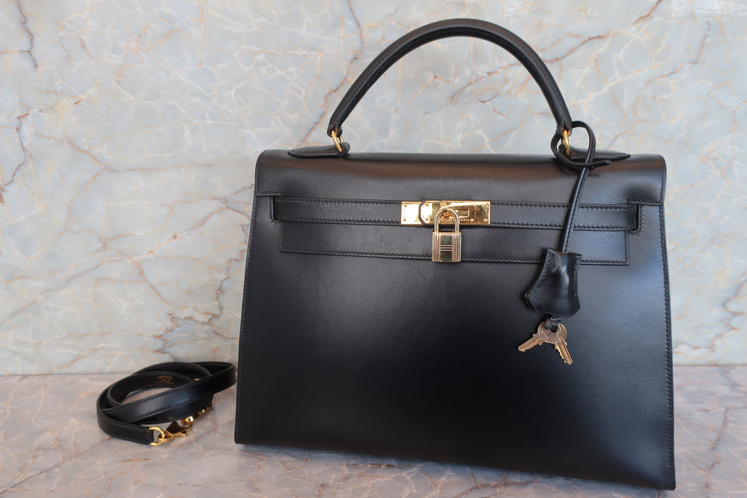 HERMES／エルメス ケリー32 ボックスカーフ ブラック ショルダーバッグ 700080203