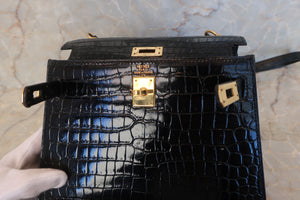 HERMES Mini KELLY 20 Crocodile Porosus Black Shoulder bag 500100049