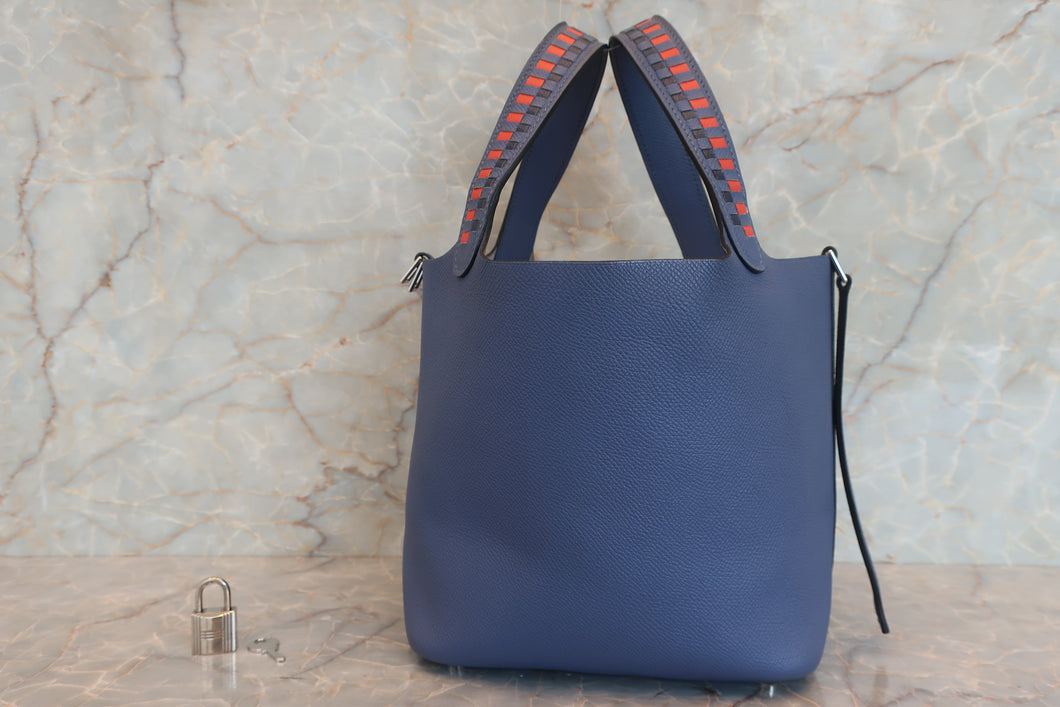 HERMES／エルメス ピコタンロックＰＭトレサージュ ヴォーエプソン ブルーブライトン/カプシーヌ/ブルーサフィール C刻印 ハンドバッグ 700080215