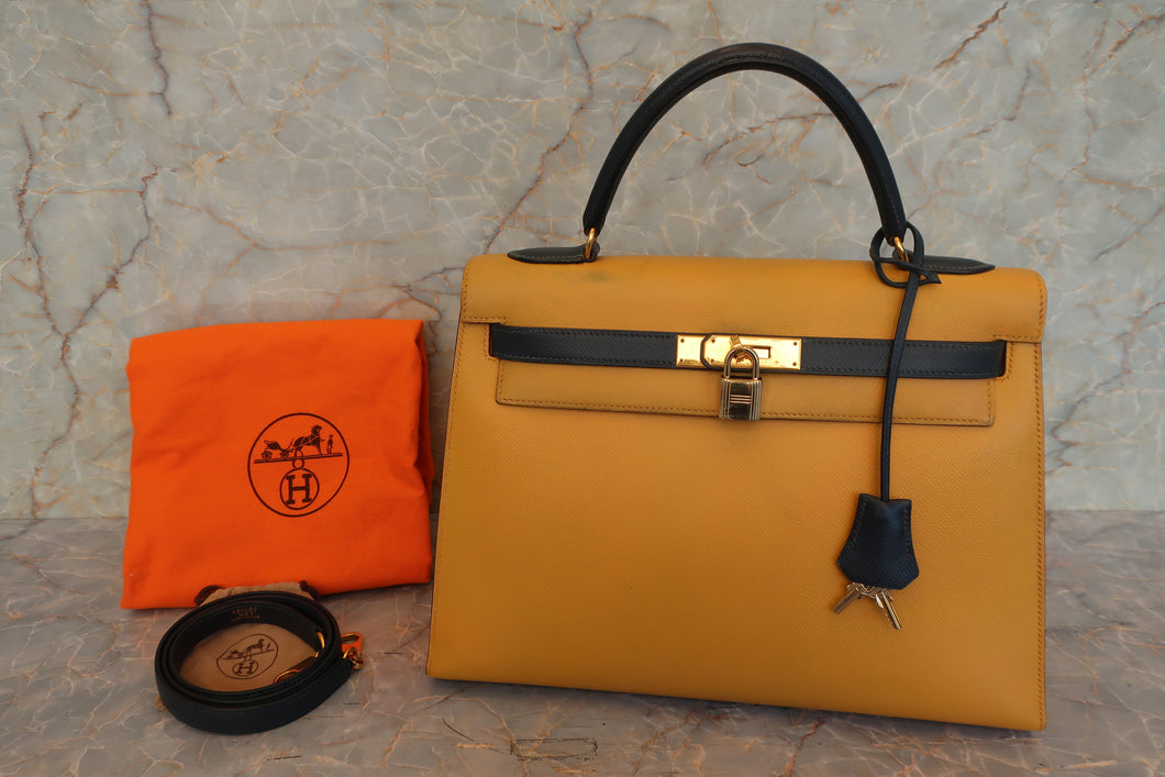 HERMES／エルメス ケリー32 クシュベル ジョーヌ/ネイビー 〇Z刻印 ショルダーバッグ 700030081