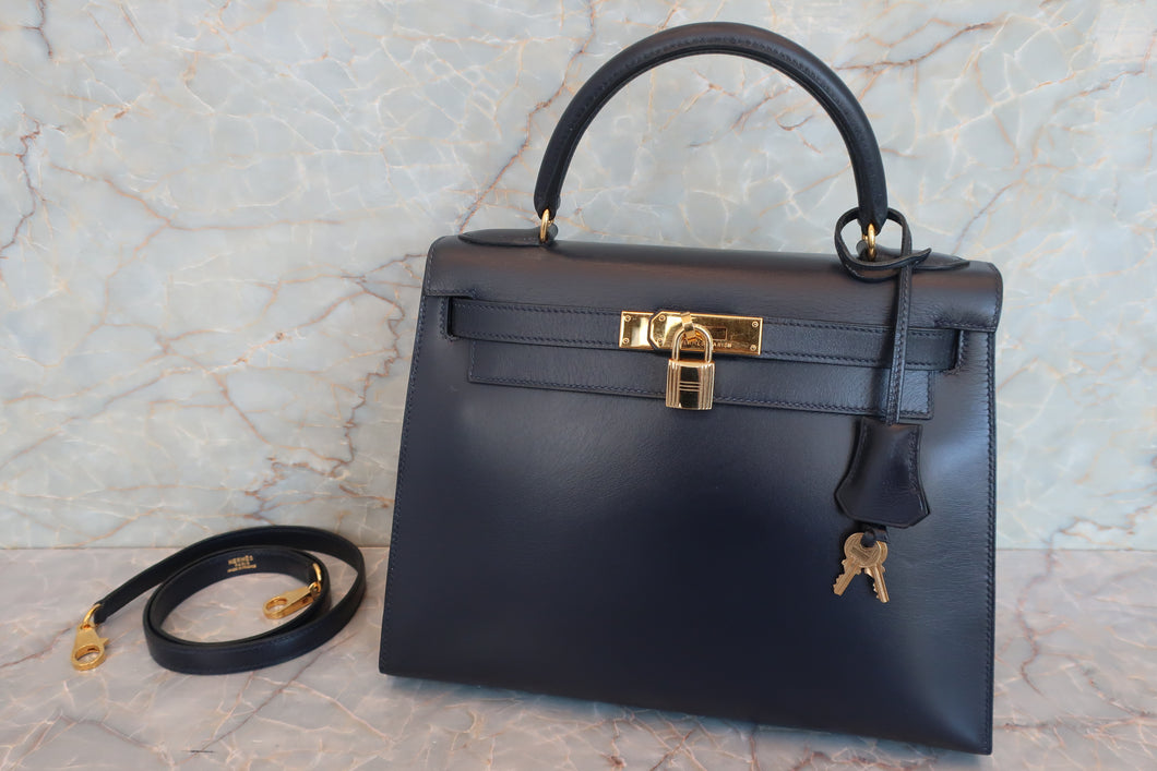 HERMES／エルメス ケリー28 ボックスカーフ ネイビー 〇Y刻印 ショルダーバッグ 700060083
