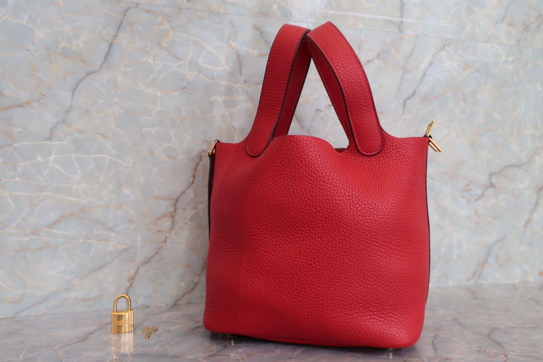 HERMES PICOTIN LOCK PM Clemence leather Rouge casaque C刻印 Hand bag 700010016