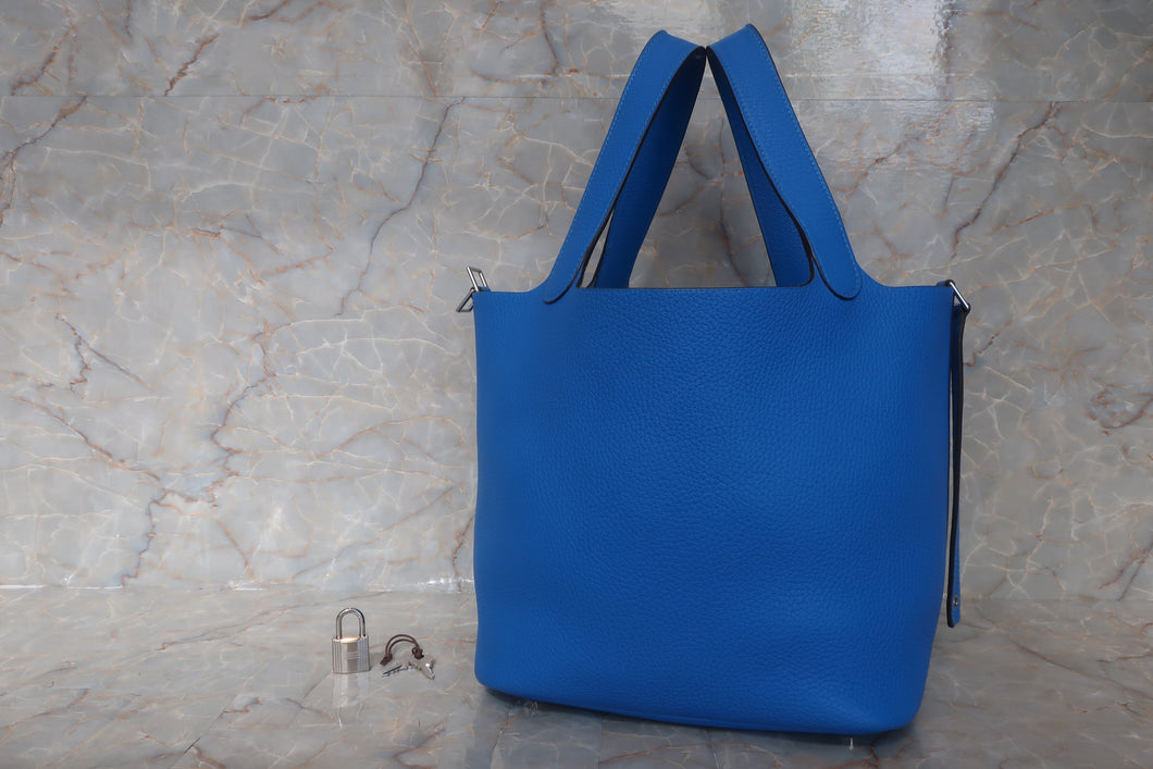 HERMES PICOTIN LOCK MM Clemence leather Blue hydra X刻印 Hand bag 500100150