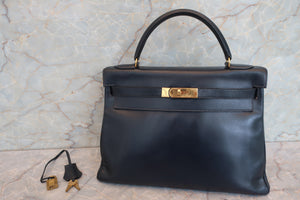 HERMES KELLY 32 Box carf leather Navy 〇R Engraving Hand bag 700100008
