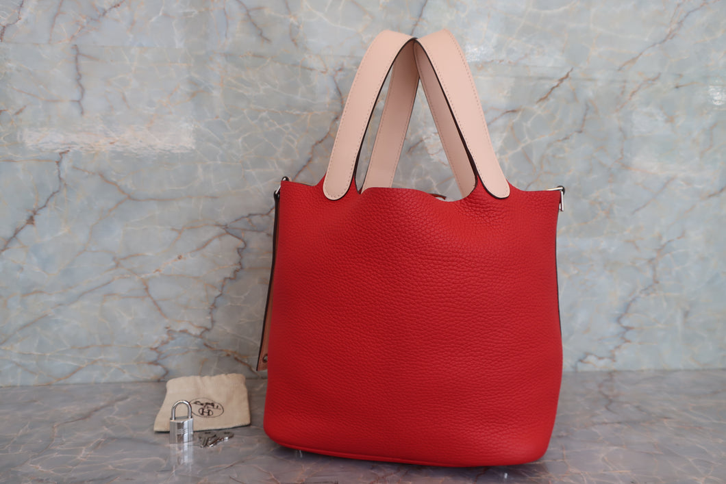 HERMES PICOTIN LOCK CASAQUE MM Clemence leather/Swift leather Rouge tomate/Rose Eglantine X刻印 Hand bag 700060244
