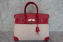 Load image into Gallery viewer, HERMES BIRKIN 35 Toile H/Graine Couchevel leather Beige/Rouge vif □D Engraving Hand bag 700100044
