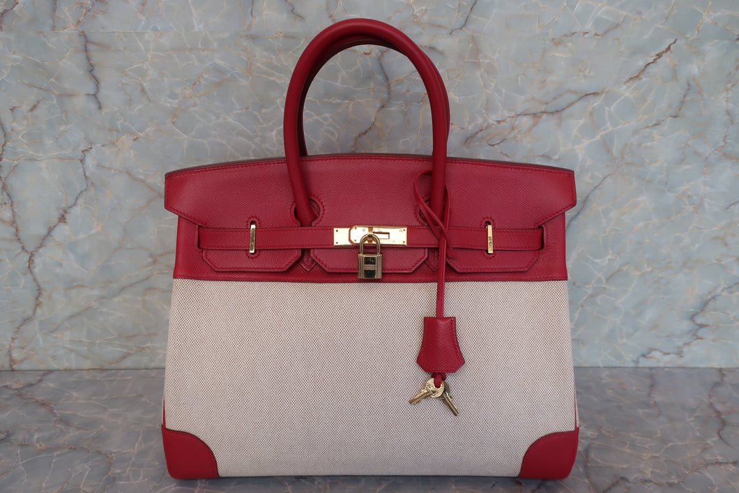 HERMES BIRKIN 35 Toile H/Graine Couchevel leather Beige/Rouge vif □D Engraving Hand bag 700100044