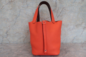 HERMES PICOTIN LOCK Eclat MM Clemence leather/Swift leather Orange poppy/Bordeaux A Engraving Hand bag 600060170